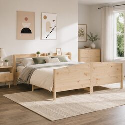 Pine Wood Bed Frame with Headboard and Storage Shelves