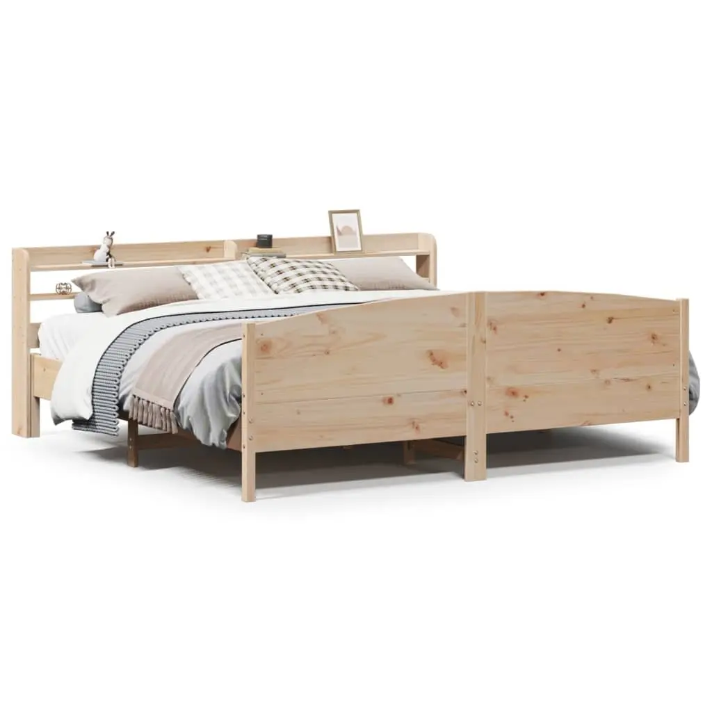 Solid Wood Pine Bed Frame Brown 180x200 cm with Headboard and Three Storage Shelves Slatted Base