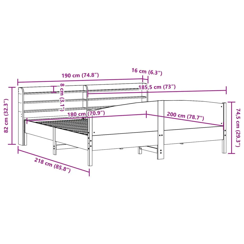 Solid Wood Pine Bed Frame Brown 180x200 cm with Headboard and Three Storage Shelves Slatted Base