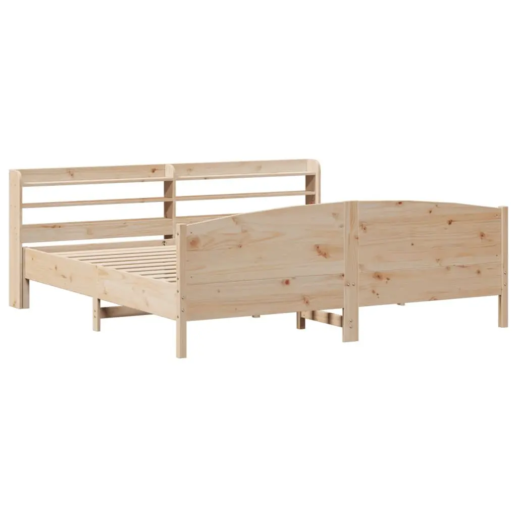 Solid Wood Pine Bed Frame Brown 180x200 cm with Headboard and Three Storage Shelves Slatted Base