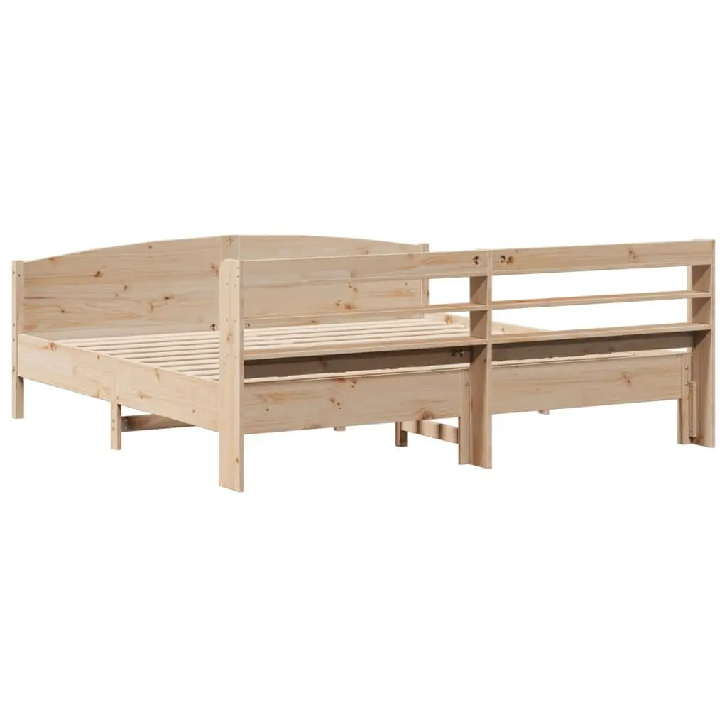 Solid Wood Pine Bed Frame Brown 180x200 cm with Headboard and Three Storage Shelves Slatted Base