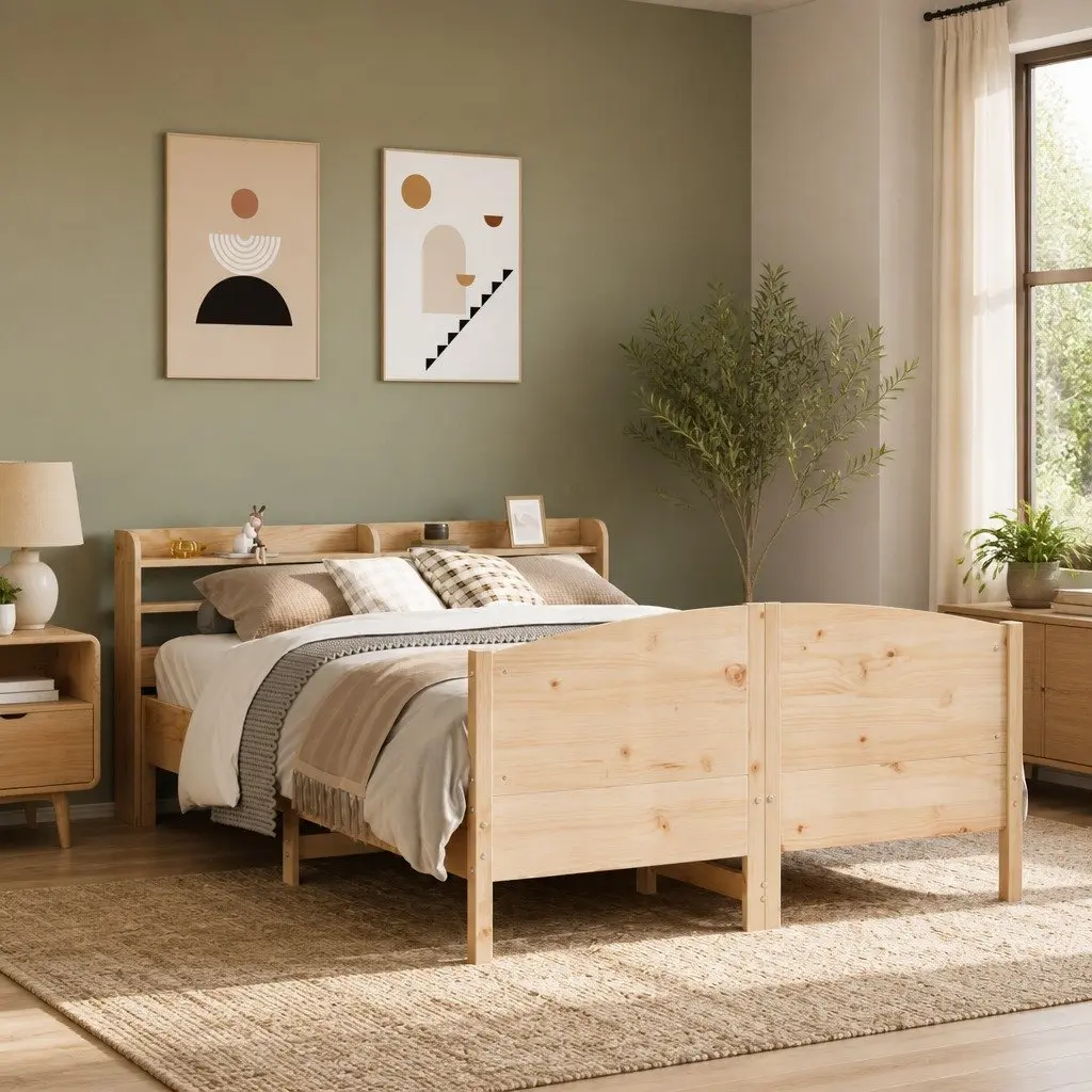 Solid Wood Pine Bed Frame Brown 150x200 cm with Headboard and Storage Shelves Slatted Base