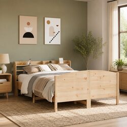 Inviting Solid Wood Pine Bed Frame with Headboard Shelves