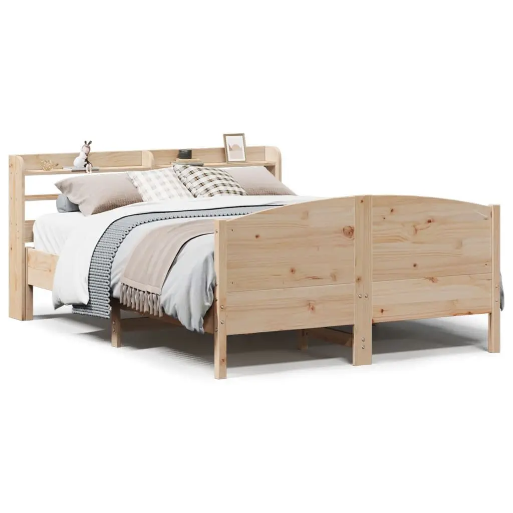 Solid Wood Pine Bed Frame Brown 150x200 cm with Headboard and Storage Shelves Slatted Base