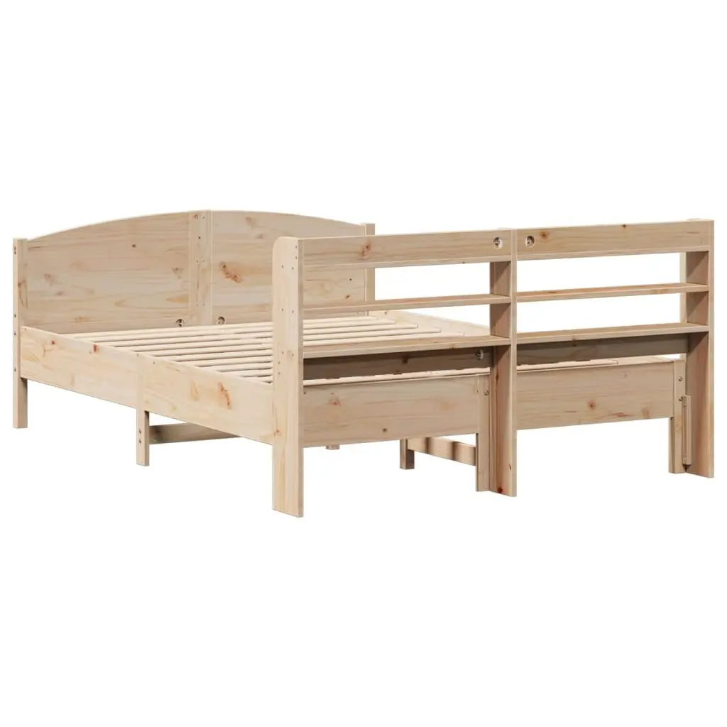 Solid Wood Pine Bed Frame Brown 150x200 cm with Headboard and Storage Shelves Slatted Base