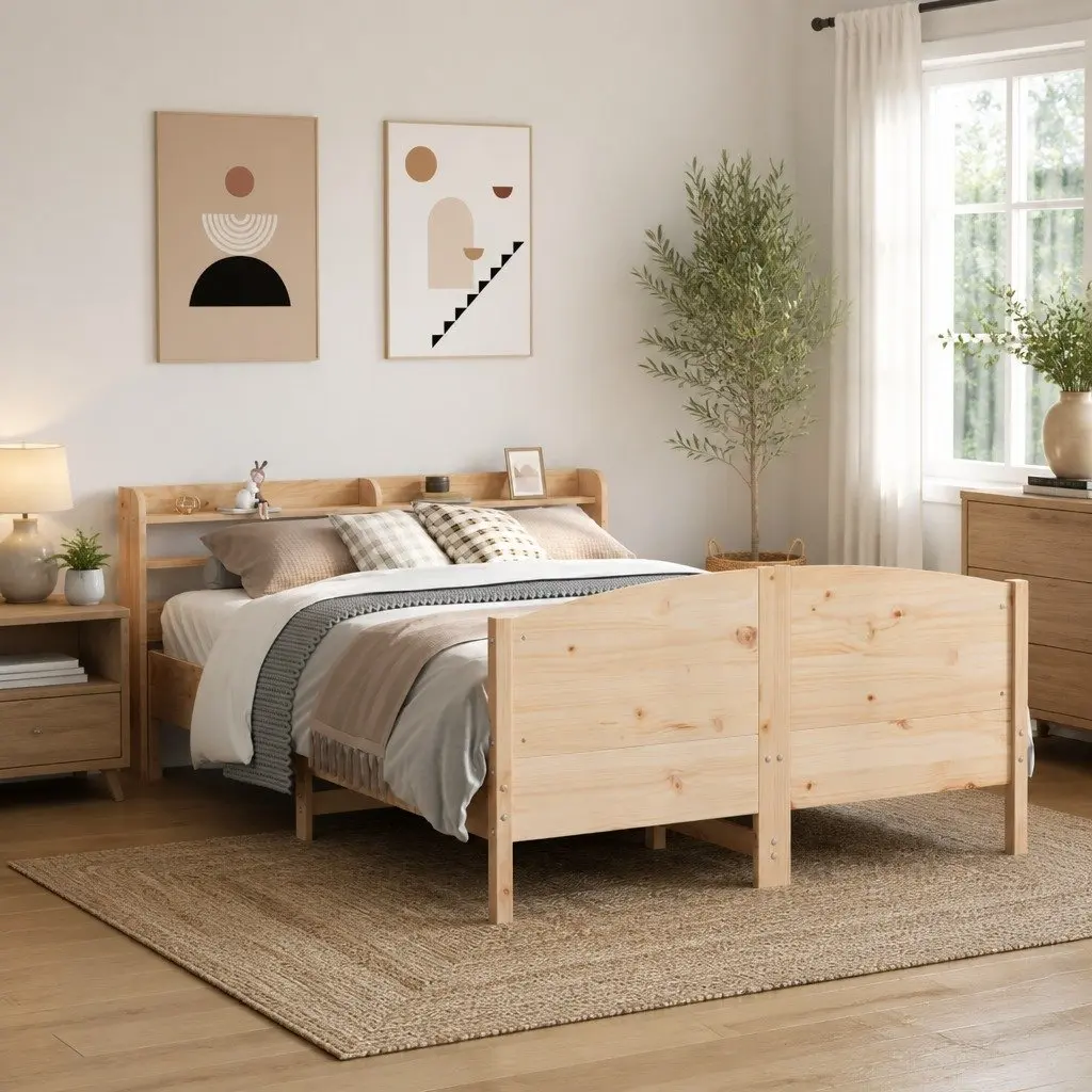 Pine Wood Bed Frame 135x190 cm Brown Slatted Base with Headboard and Storage Shelves