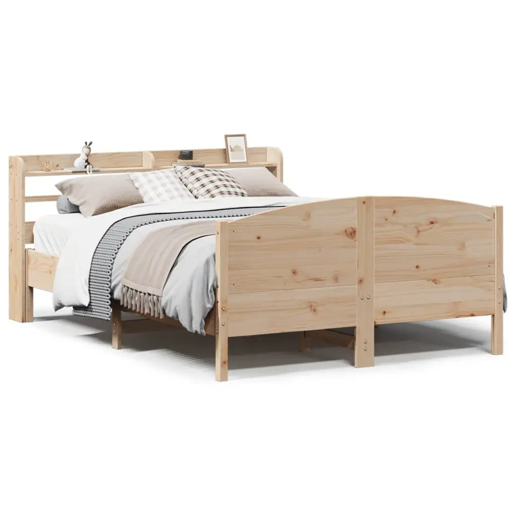 Pine Wood Bed Frame 135x190 cm Brown Slatted Base with Headboard and Storage Shelves