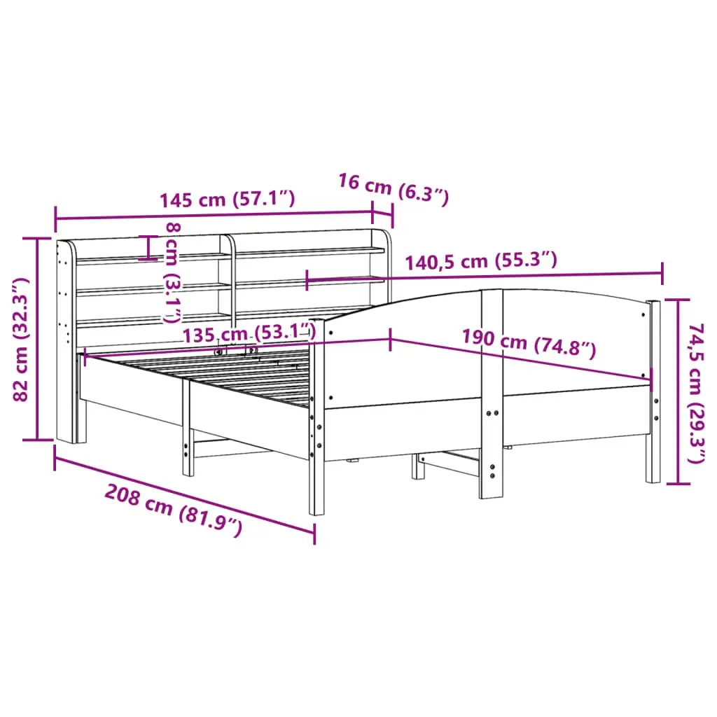 Pine Wood Bed Frame 135x190 cm Brown Slatted Base with Headboard and Storage Shelves