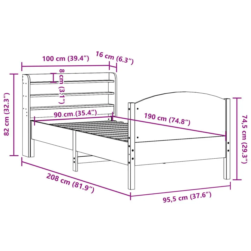 Solid Wood Pine Bed Frame Brown 90x190 cm with Headboard and Storage Shelves