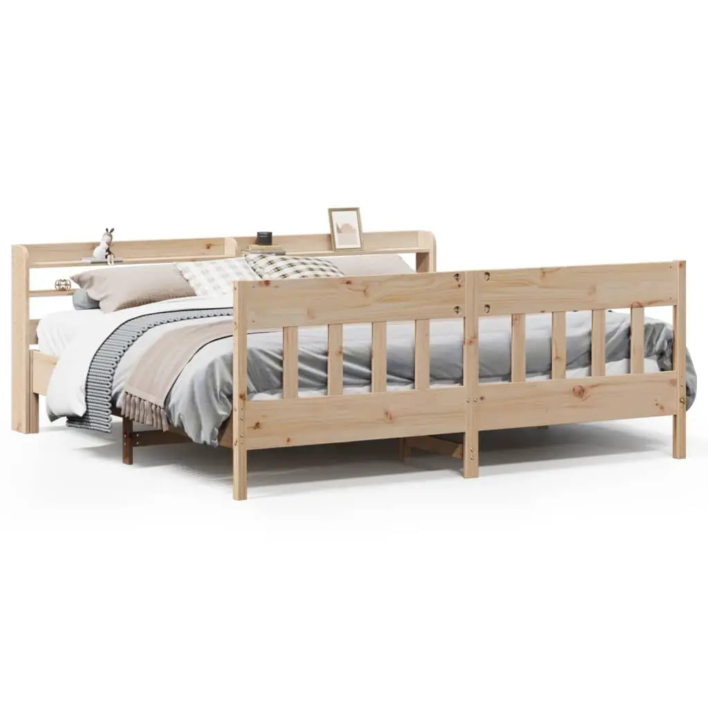 Solid Pinewood Bed Frame Brown 180x200 cm Slatted Base Headboard with Storage Shelves