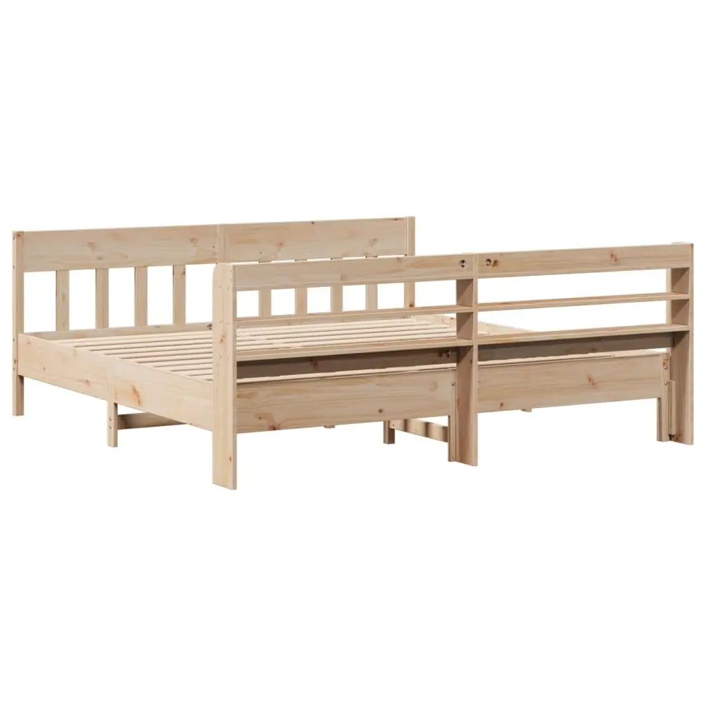 Solid Pinewood Bed Frame Brown 180x200 cm Slatted Base Headboard with Storage Shelves