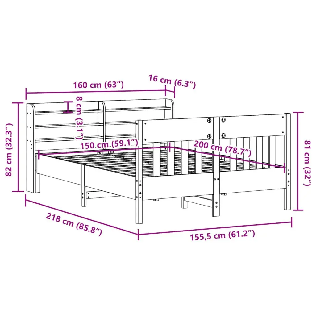 Solid Wood Pine Bed Frame 150x200 cm with Headboard Storage Shelves Slatted Base
