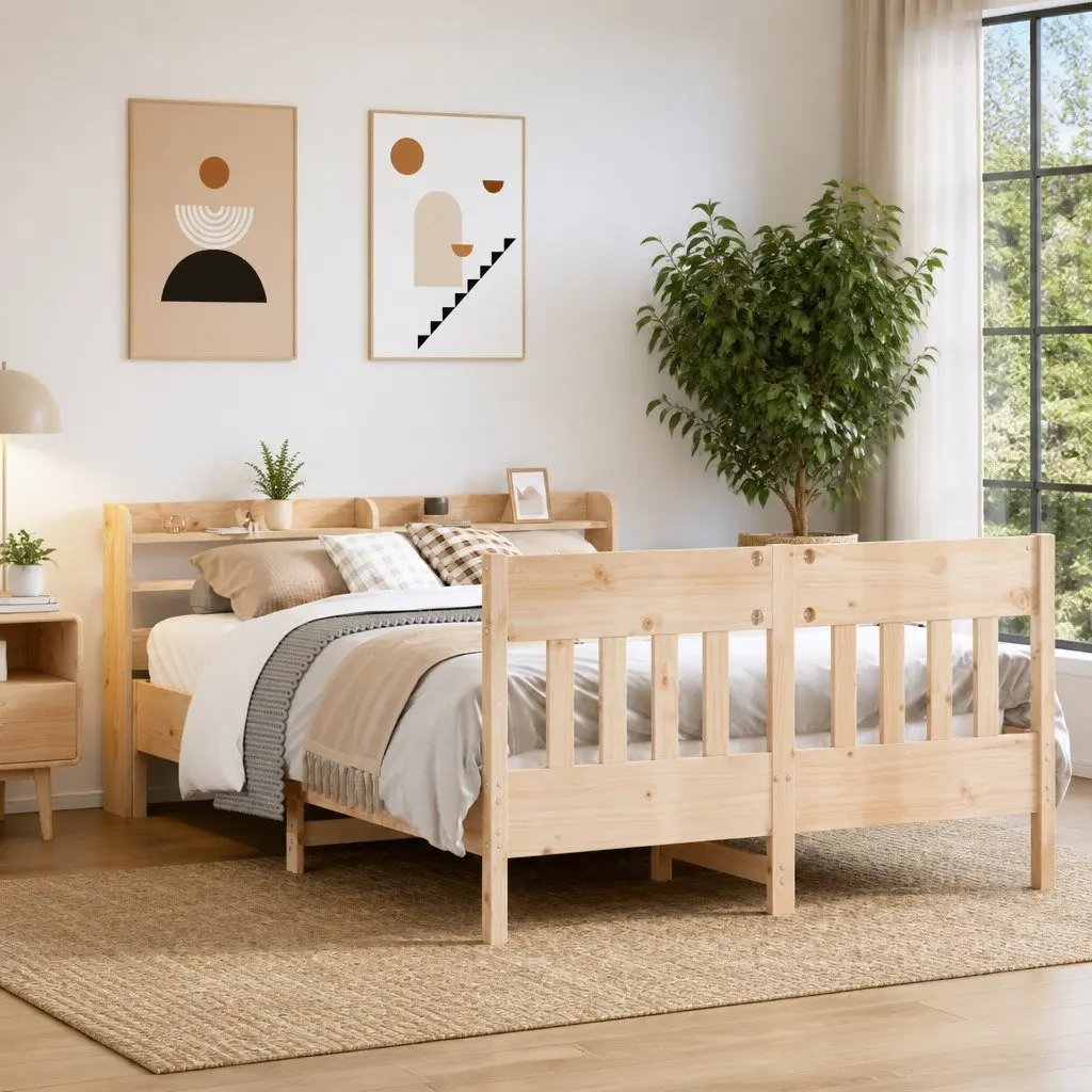 Solid Wood Pine Bed Frame Brown 135x190 cm with Headboard and Storage Shelves