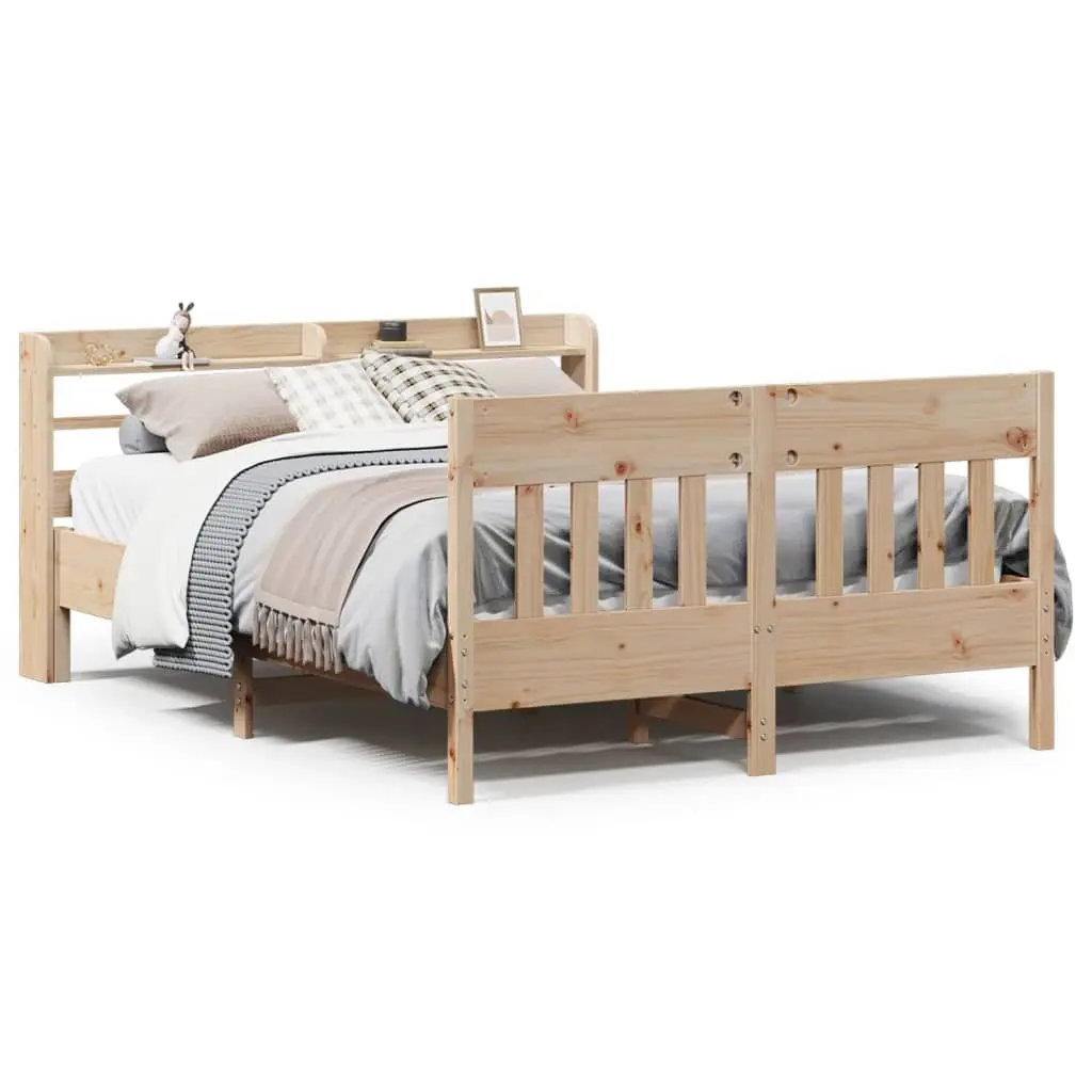 Solid Wood Pine Bed Frame Brown 135x190 cm with Headboard and Storage Shelves