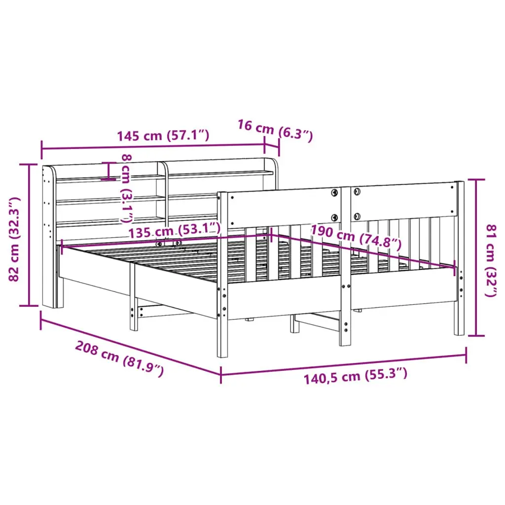 Solid Wood Pine Bed Frame Brown 135x190 cm with Headboard and Storage Shelves