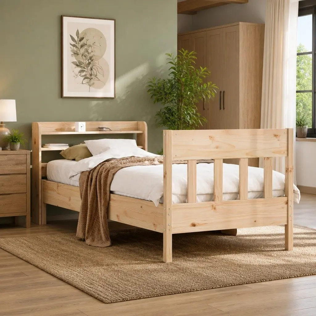 Solid Wood Pine Bed Frame Brown 90x190 cm with Headboard and Storage Shelves Slatted Base