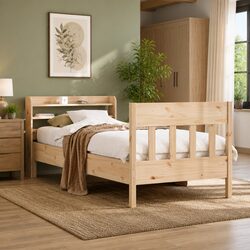Cozy Solid Wood Pine Bed Frame with Storage Shelves