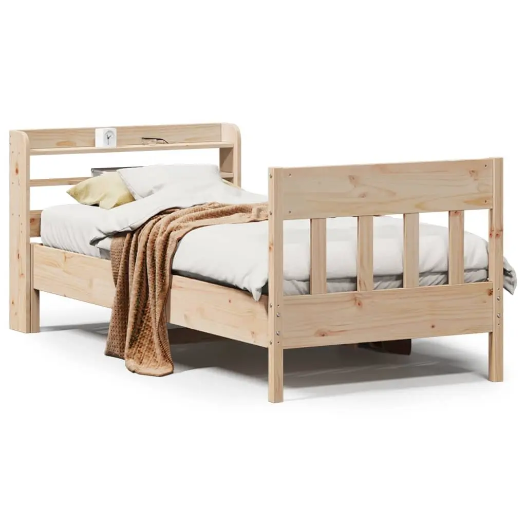 Solid Wood Pine Bed Frame Brown 90x190 cm with Headboard and Storage Shelves Slatted Base
