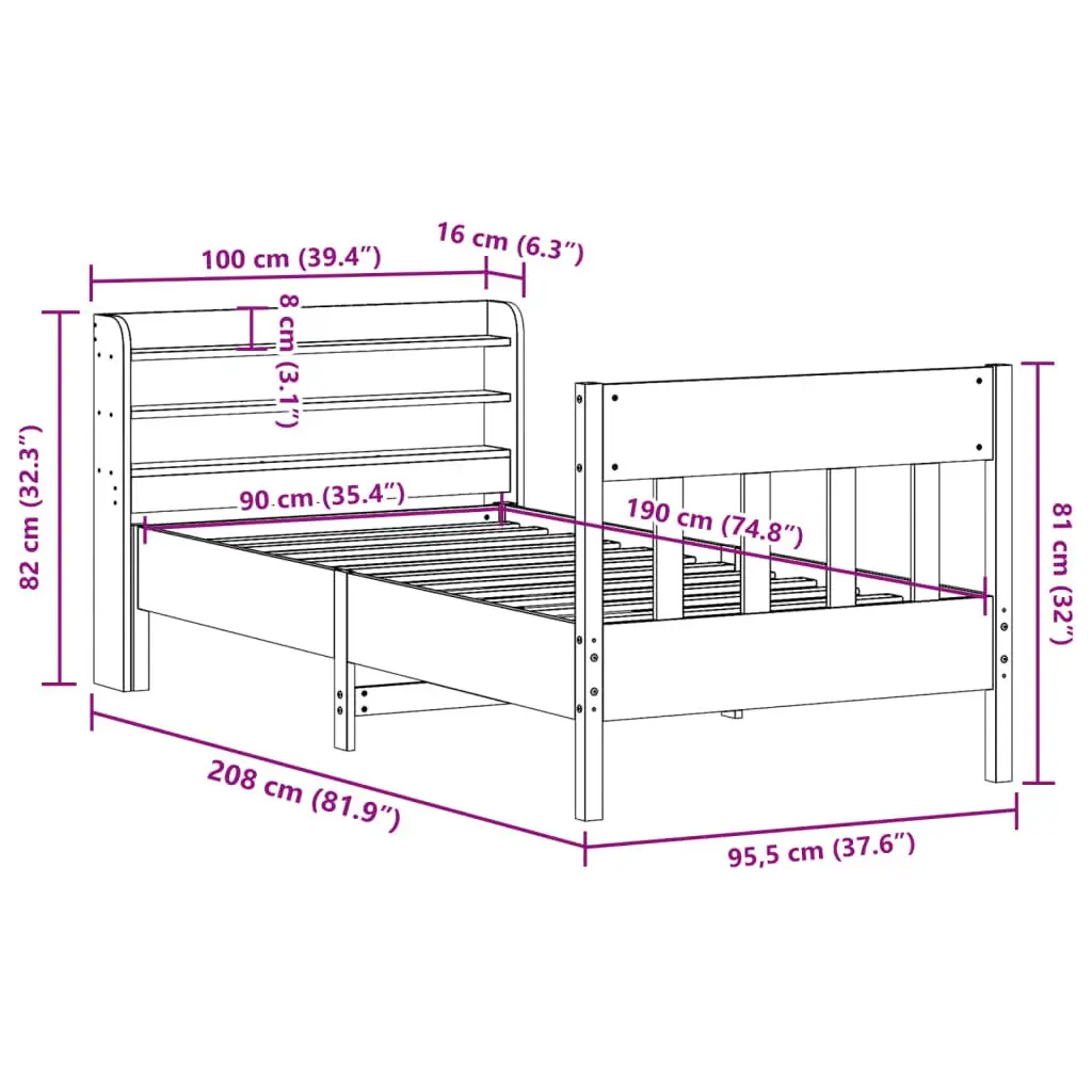 Solid Wood Pine Bed Frame Brown 90x190 cm with Headboard and Storage Shelves Slatted Base
