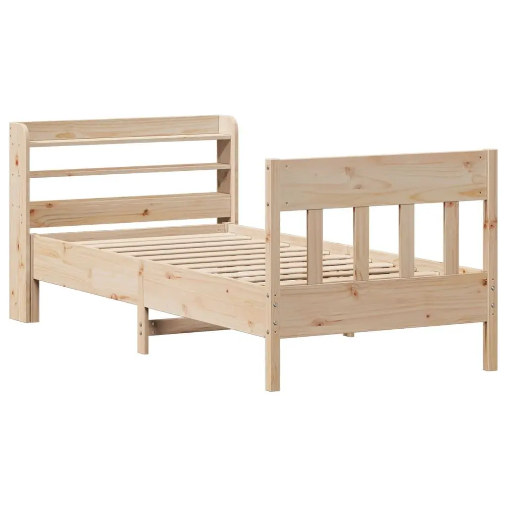 Solid Wood Pine Bed Frame Brown 90x190 cm with Headboard and Storage Shelves Slatted Base