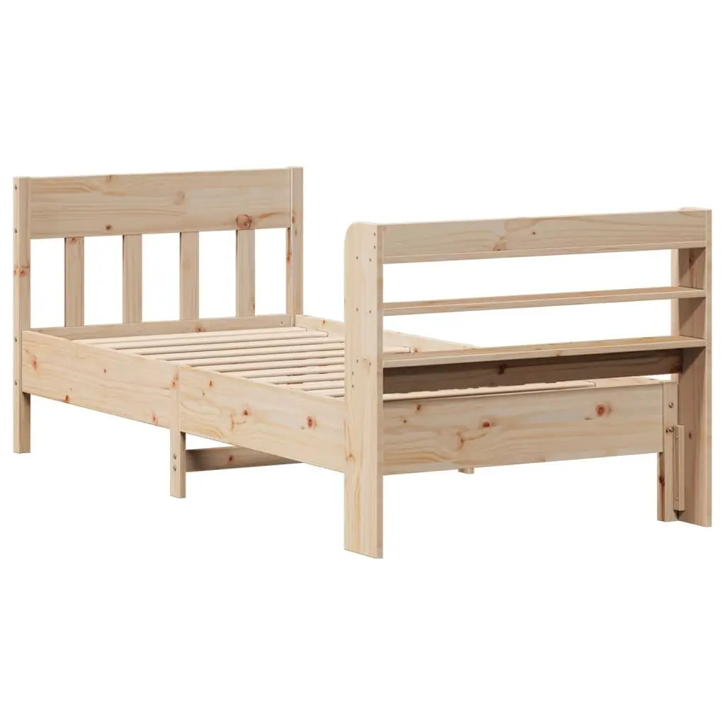 Solid Wood Pine Bed Frame Brown 90x190 cm with Headboard and Storage Shelves Slatted Base