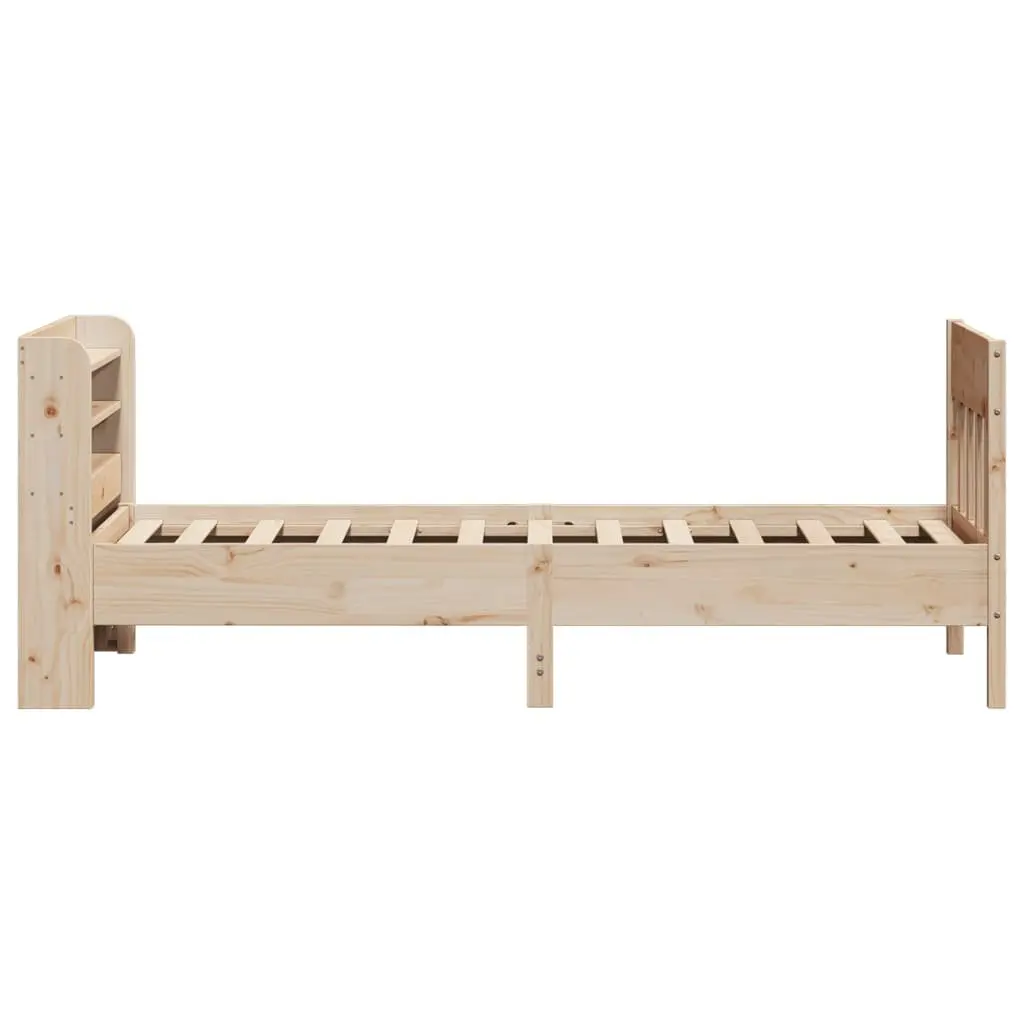 Solid Wood Pine Bed Frame Brown 90x190 cm with Headboard and Storage Shelves Slatted Base