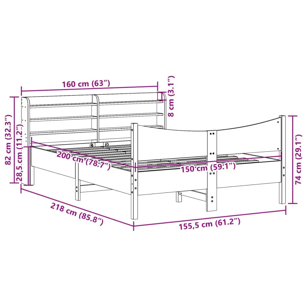 Bed Frame with Storage Headboard Brown 150x200 cm Solid Pine Wood Slatted Base