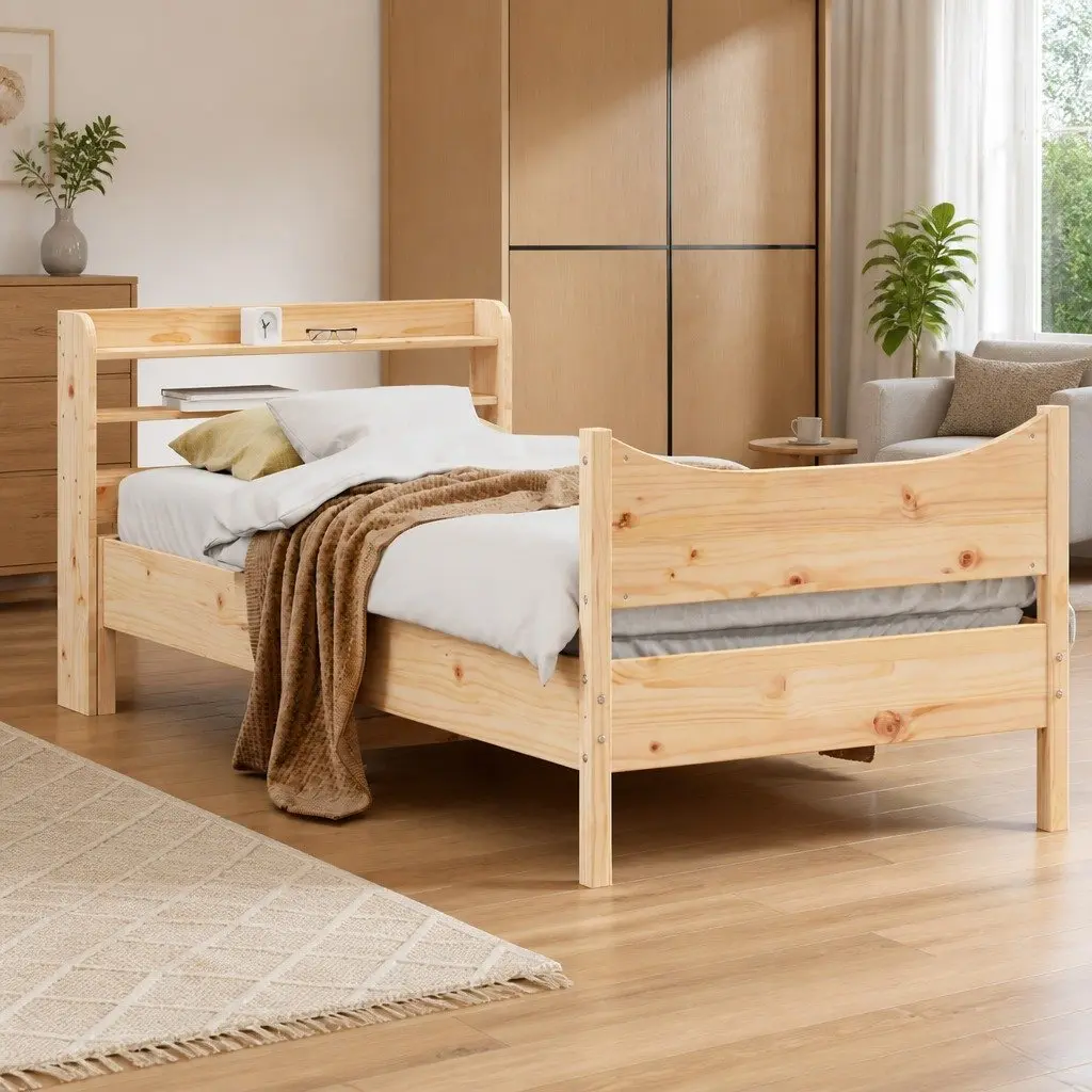 Bed Frame Solid Pine Wood 90x200 cm with Headboard and Storage Shelves