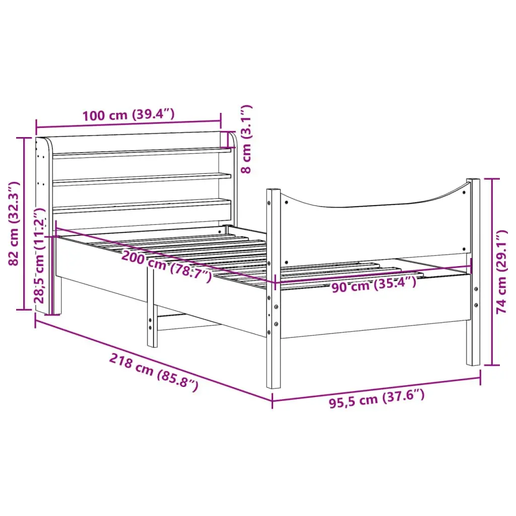 Bed Frame Solid Pine Wood 90x200 cm with Headboard and Storage Shelves