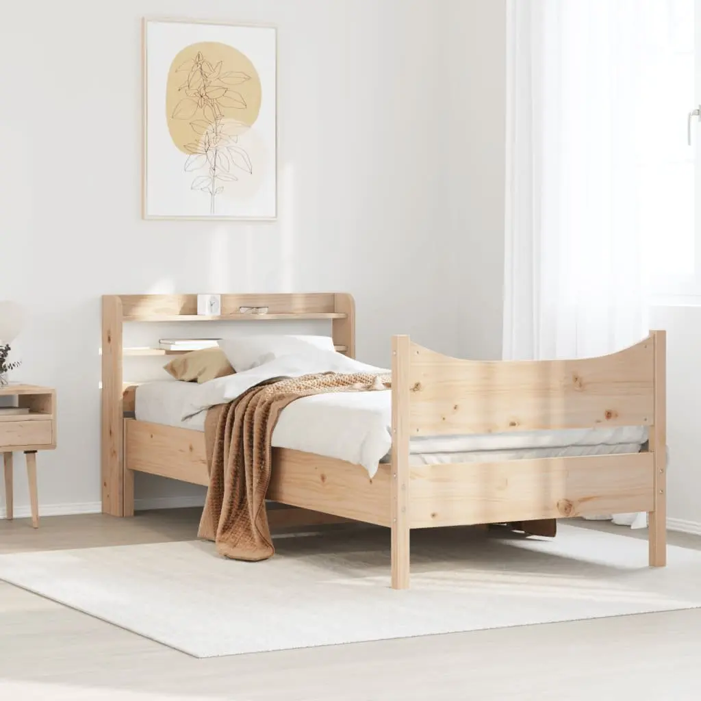 Bed Frame Solid Pine Wood 90x200 cm with Headboard and Storage Shelves