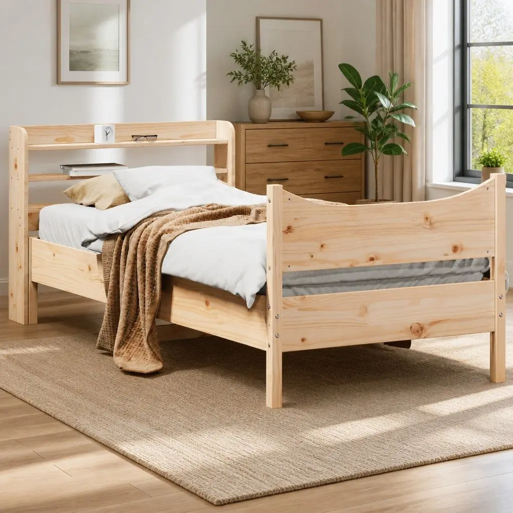 Bed Frame with Headboard Rustic Brown 90x190 cm Solid Pine Wood Slatted Base Storage Shelves