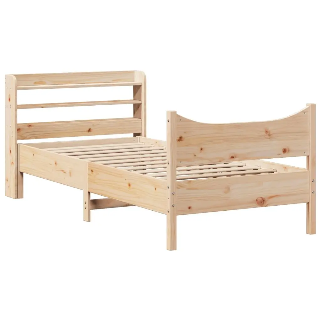 Bed Frame with Headboard Rustic Brown 90x190 cm Solid Pine Wood Slatted Base Storage Shelves