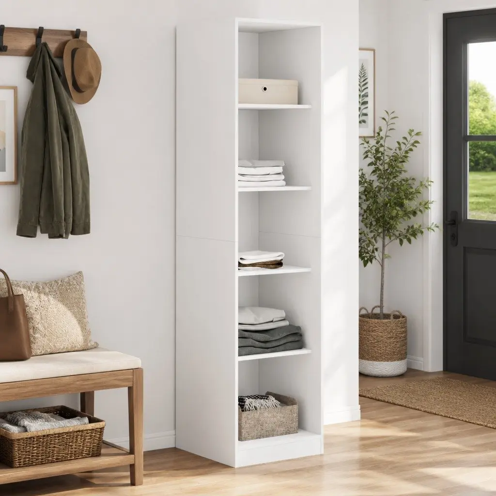 White Wardrobe Cupboard Minimalist 50W x 50D x 200H cm Engineered Wood 5 Compartment Storage Cabinet