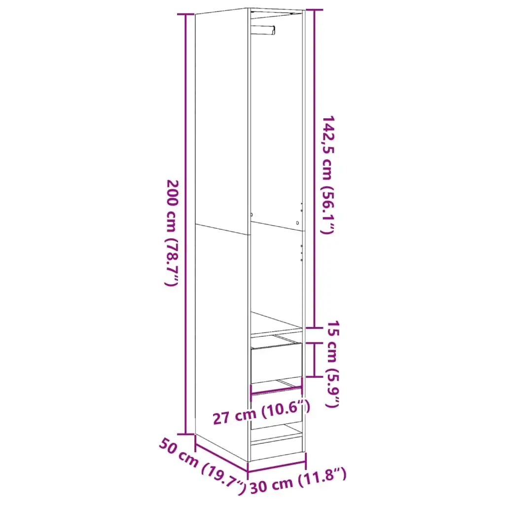 White Wardrobe 30x50x200 cm with Compartment Drawers