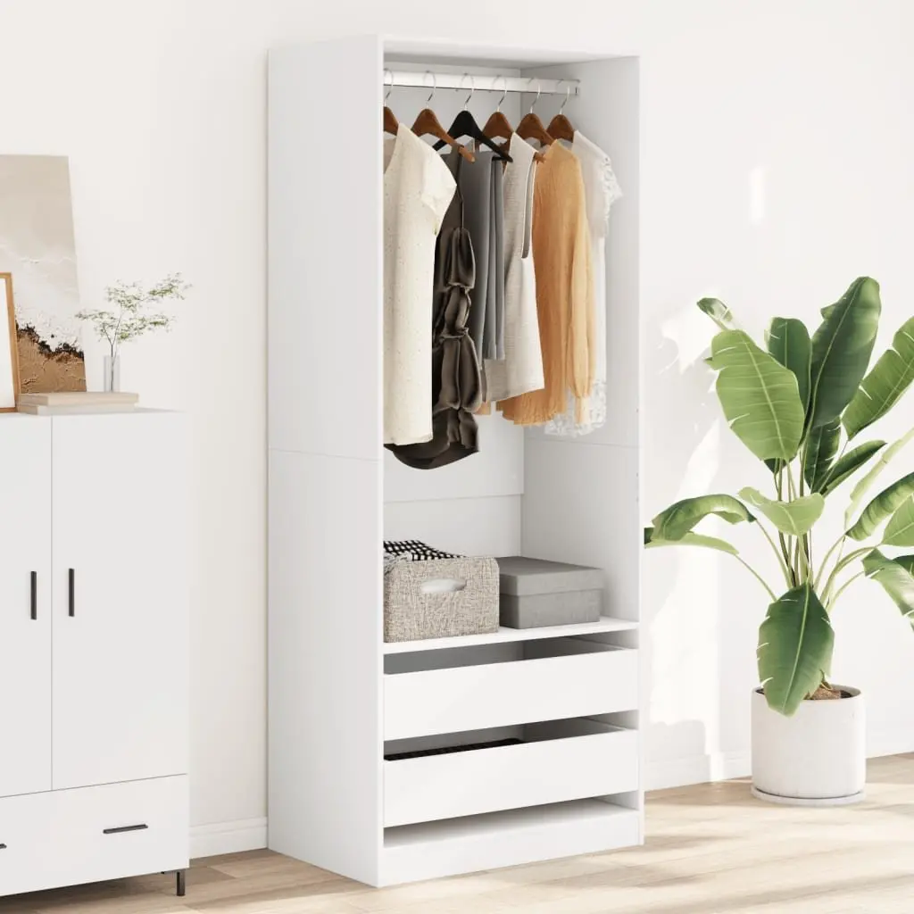 White Wardrobe Cupboard Compact 80x50x200cm Engineered Wood 1 Compartment 2 Drawers
