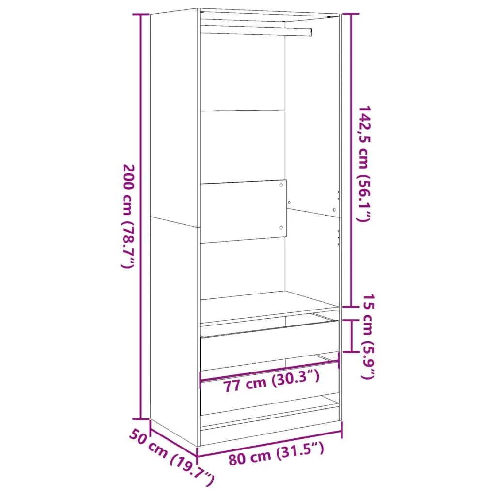 White Wardrobe Cupboard Compact 80x50x200cm Engineered Wood 1 Compartment 2 Drawers