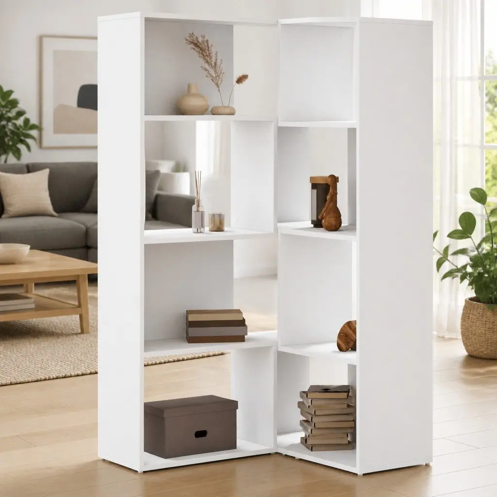 Corner Bookcase White 85x85x140cm 4-Tier Engineered Wood Shelving Storage Unit
