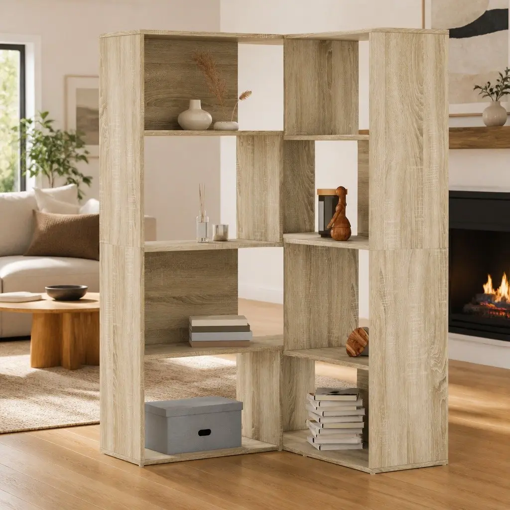 Corner Bookcase 4-Tier Shelving Unit Sonoma Oak Engineered Wood Display Stand