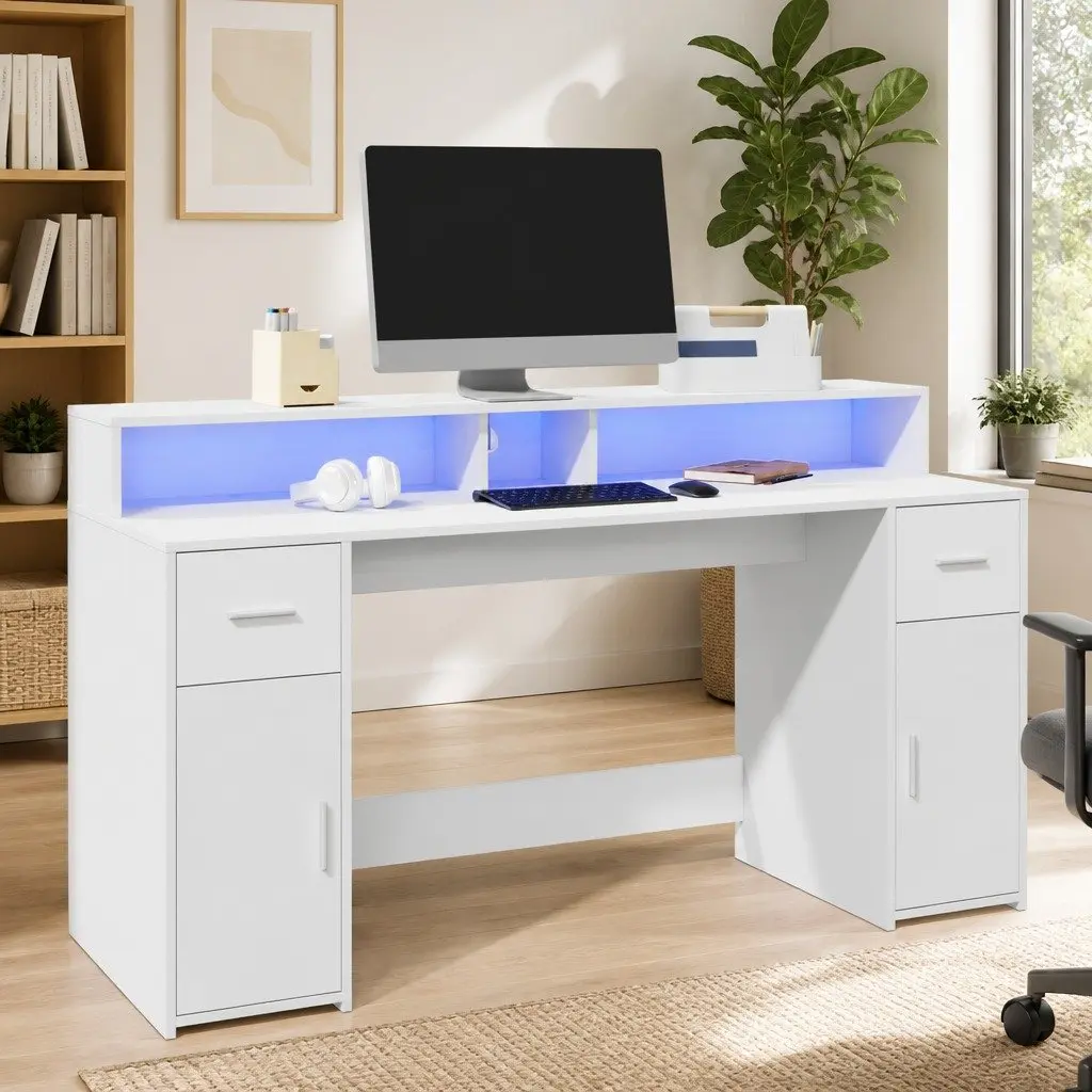 Office Desk White with RGB LED Lights 160L x 55W x 91H cm Engineered Wood