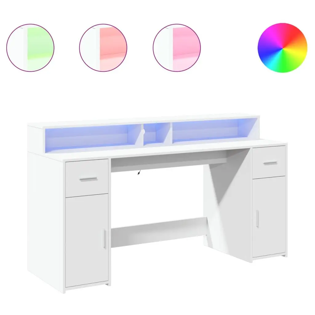 Office Desk White with RGB LED Lights 160L x 55W x 91H cm Engineered Wood