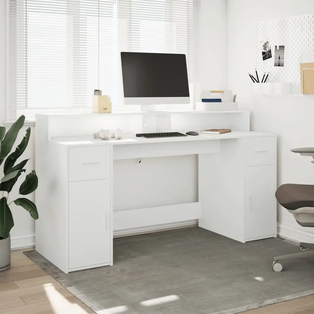 Office Desk White with RGB LED Lights 160L x 55W x 91H cm Engineered Wood