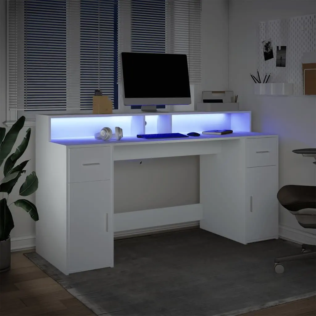 Office Desk White with RGB LED Lights 160L x 55W x 91H cm Engineered Wood