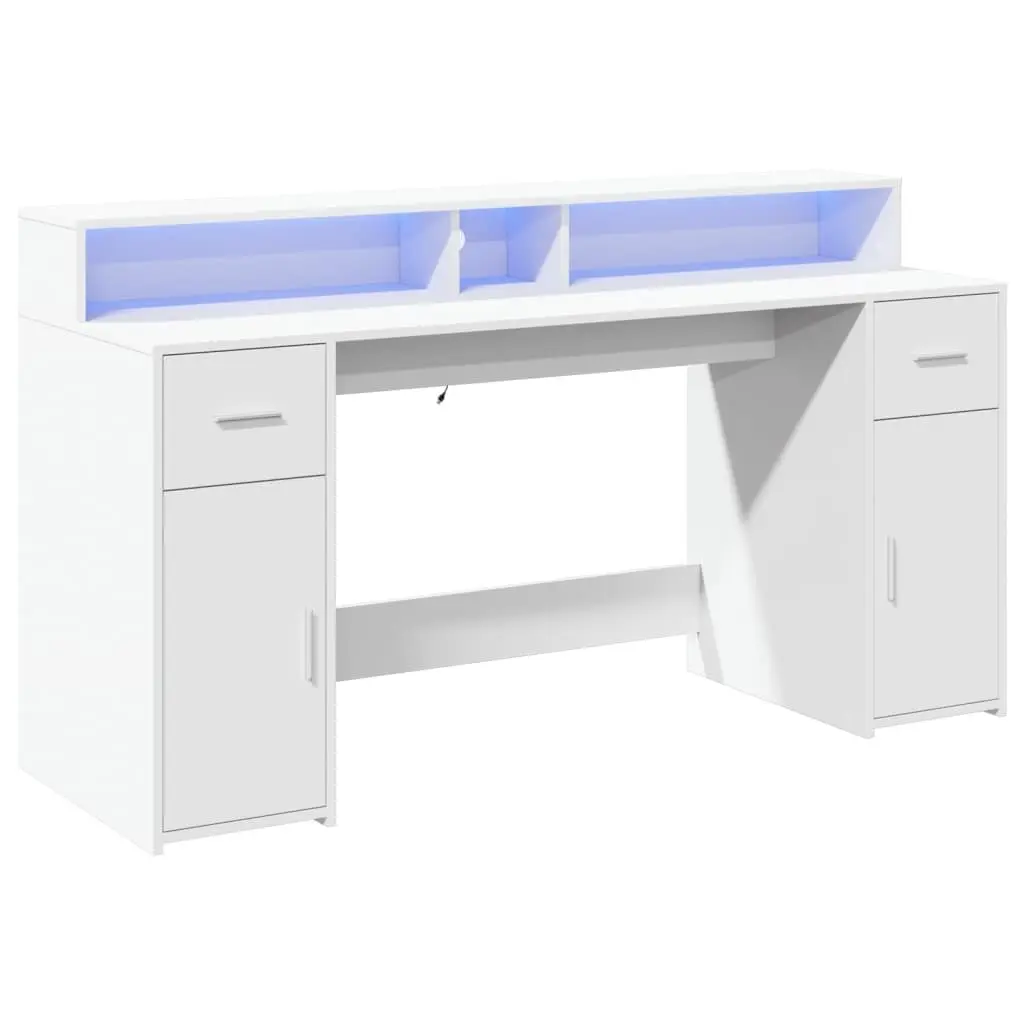 Office Desk White with RGB LED Lights 160L x 55W x 91H cm Engineered Wood
