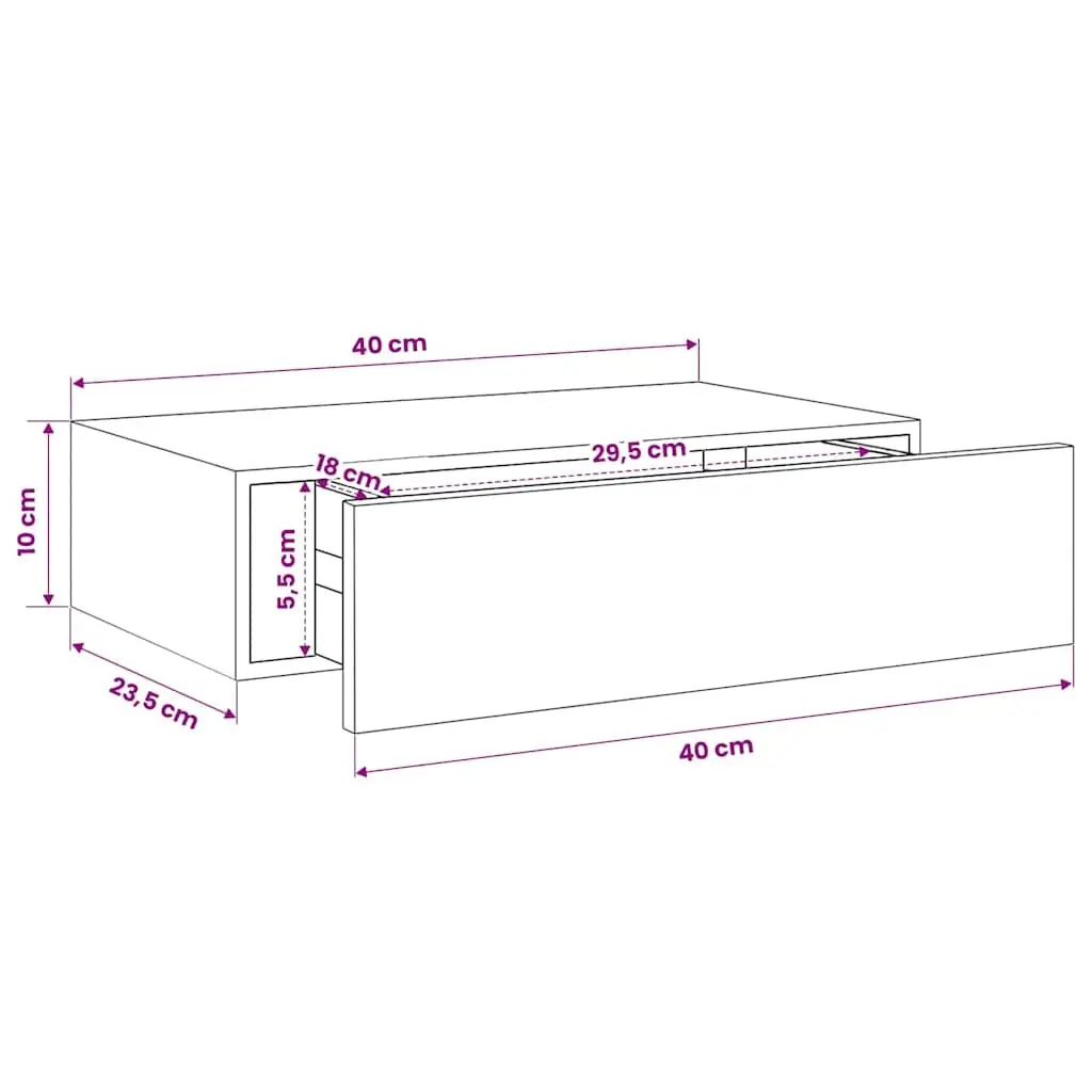 Wall-mounted Drawer Shelf White Floating Storage Organizer 40x23.5x10cm MDF Metal