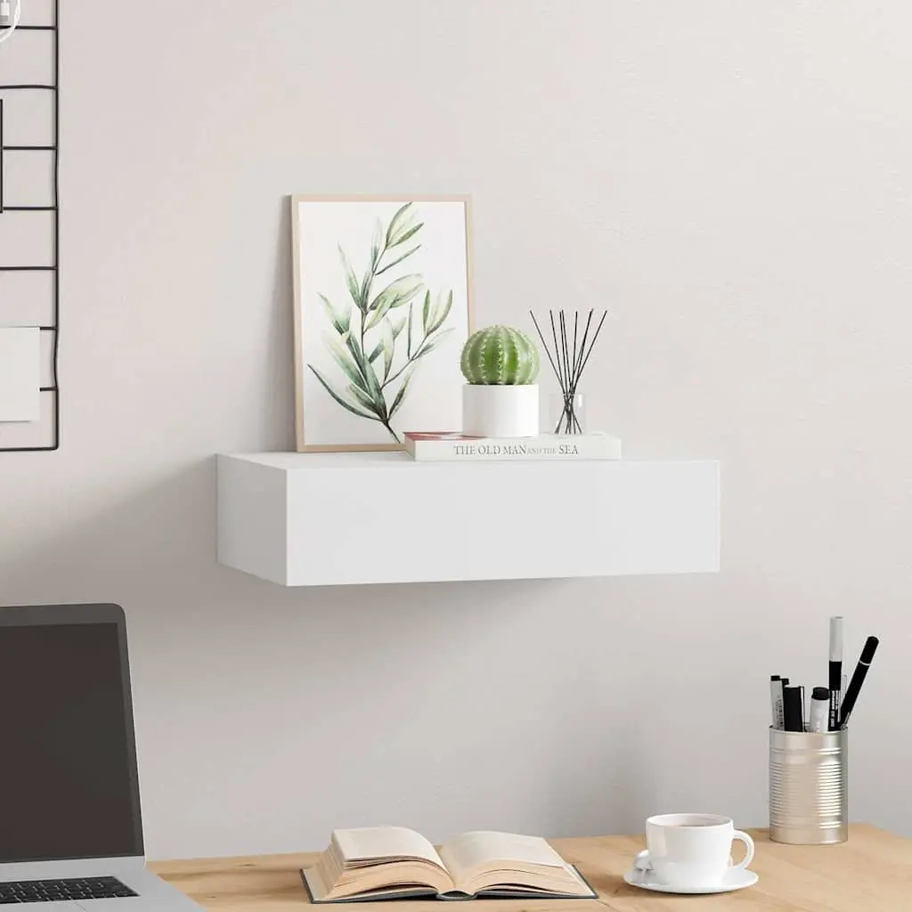 Wall-mounted Drawer Shelf White Floating Storage Organizer 40x23.5x10cm MDF Metal