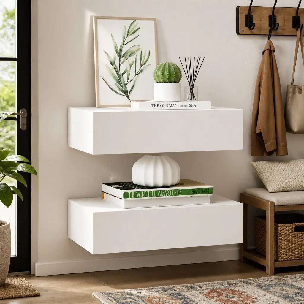 Wall-Mounted Drawer Shelves 2 pcs White Floating Storage Organizer Home Decor