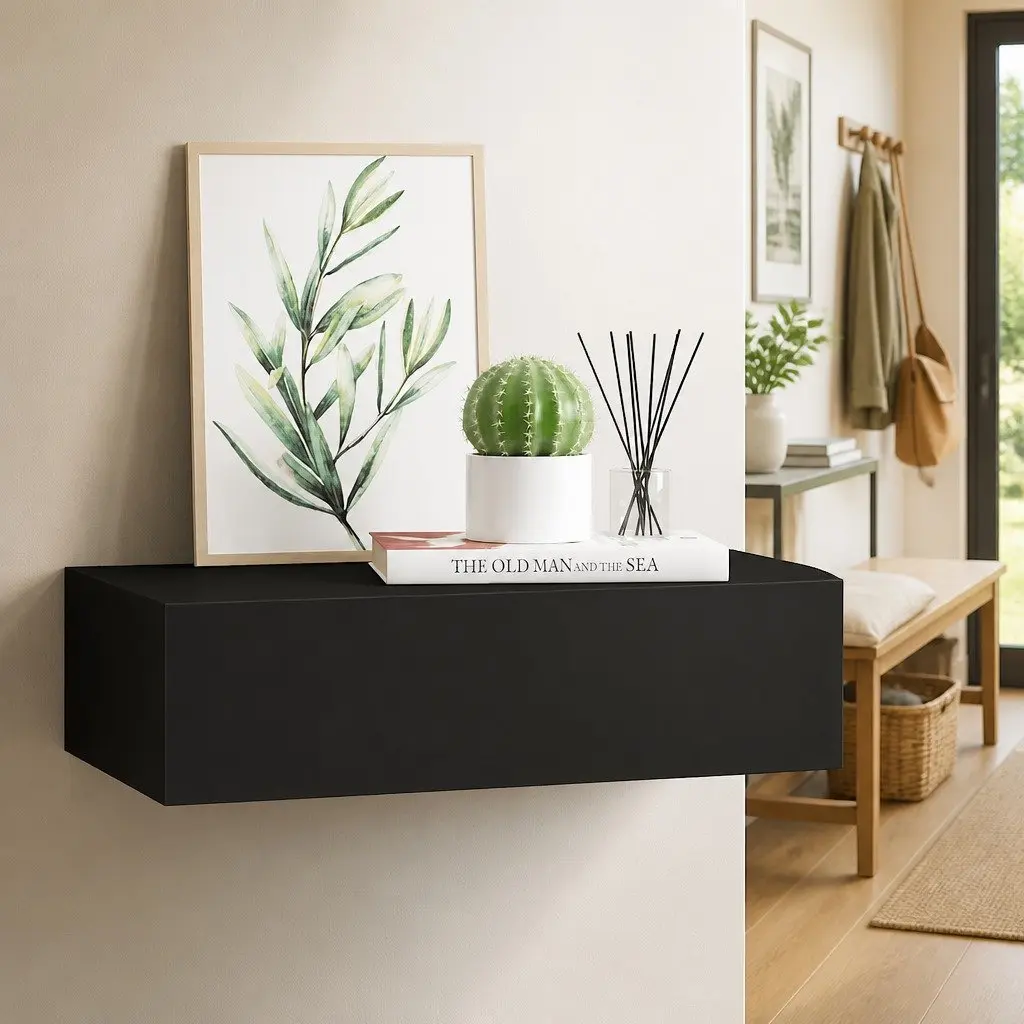 Wall-mounted Drawer Shelf Black Floating Storage Organizer 40x23.5x10cm MDF Metal