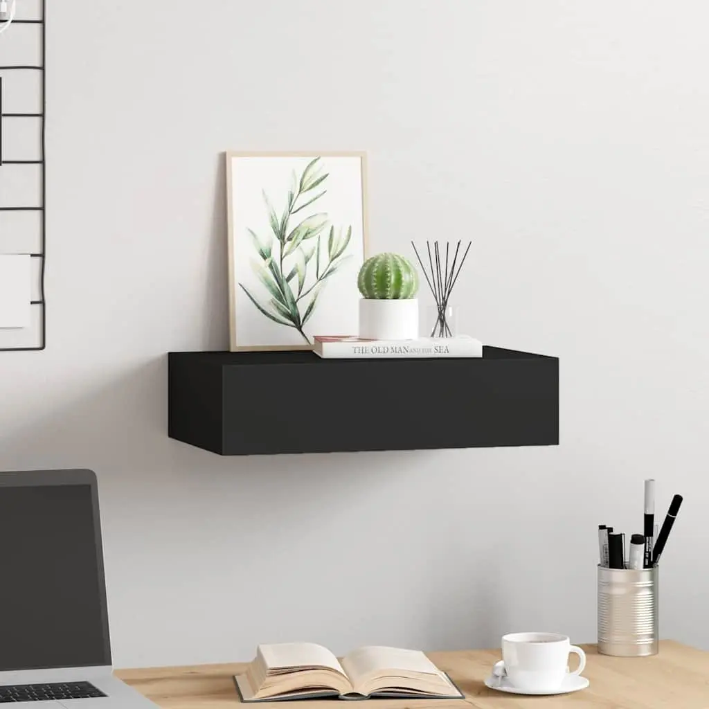Wall-mounted Drawer Shelf Black Floating Storage Organizer 40x23.5x10cm MDF Metal