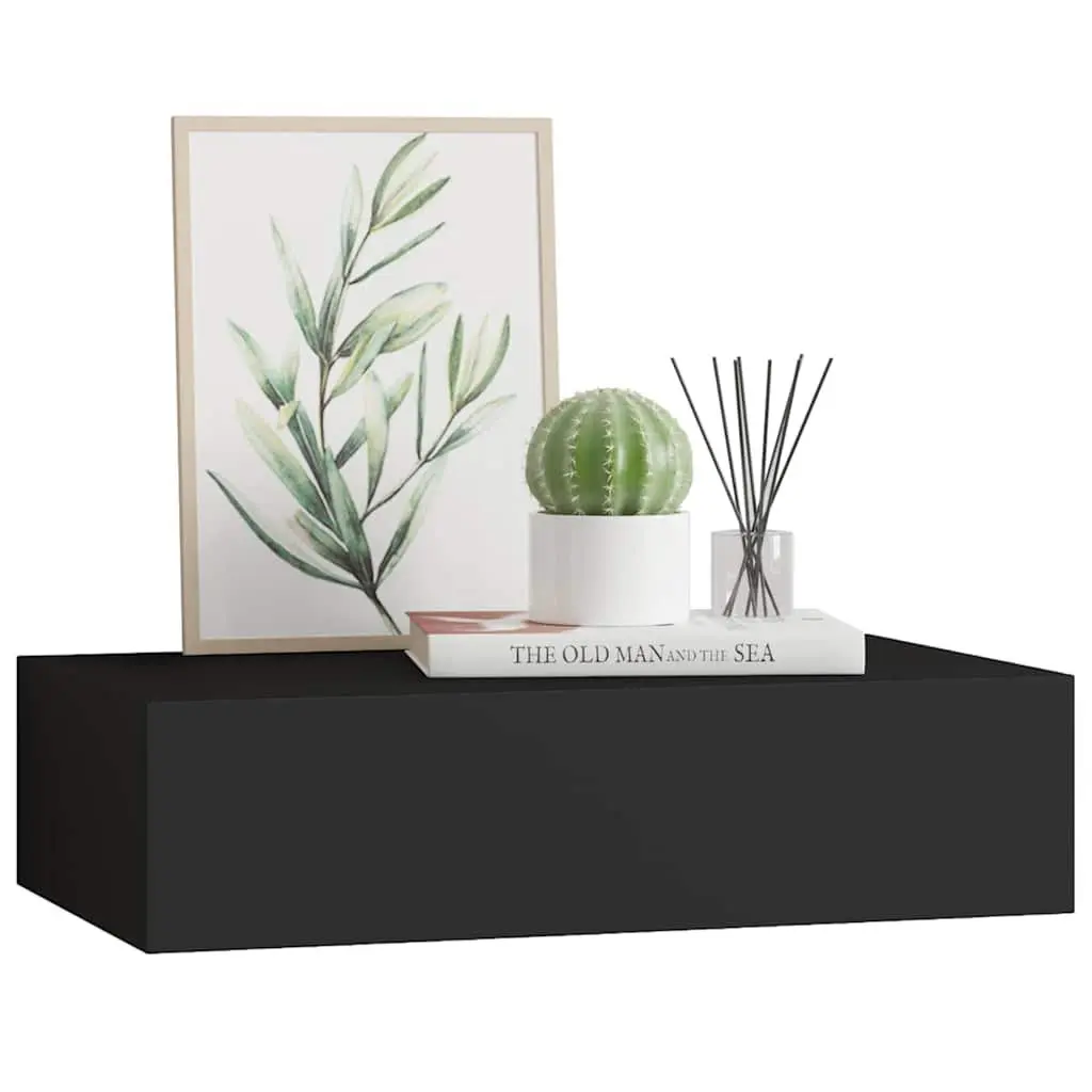 Wall-mounted Drawer Shelf Black Floating Storage Organizer 40x23.5x10cm MDF Metal