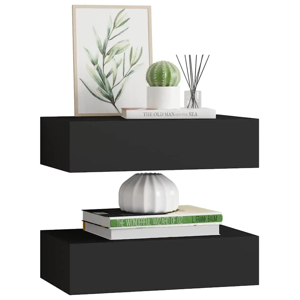 Wall-mounted Drawer Shelves Black Floating Storage Organizer 2 Piece MDF and Metal